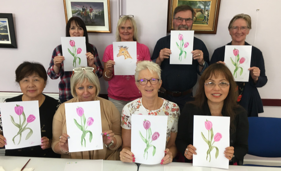 Summer18 Colour Pencil Workshop. Photo of almost all the attendees and their finished pieces. 